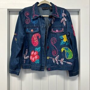 Vintage Denim Jacket New Direction Patches and Beading Art To Wear Size L